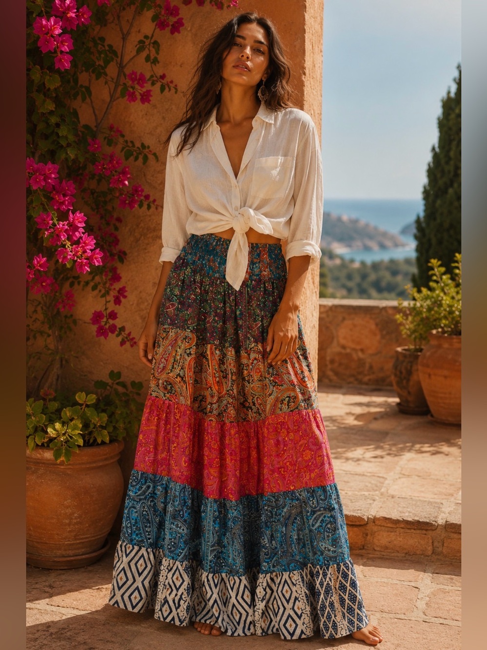 Bohemian Tiered Paisley Maxi Skirt in Pink and Blue